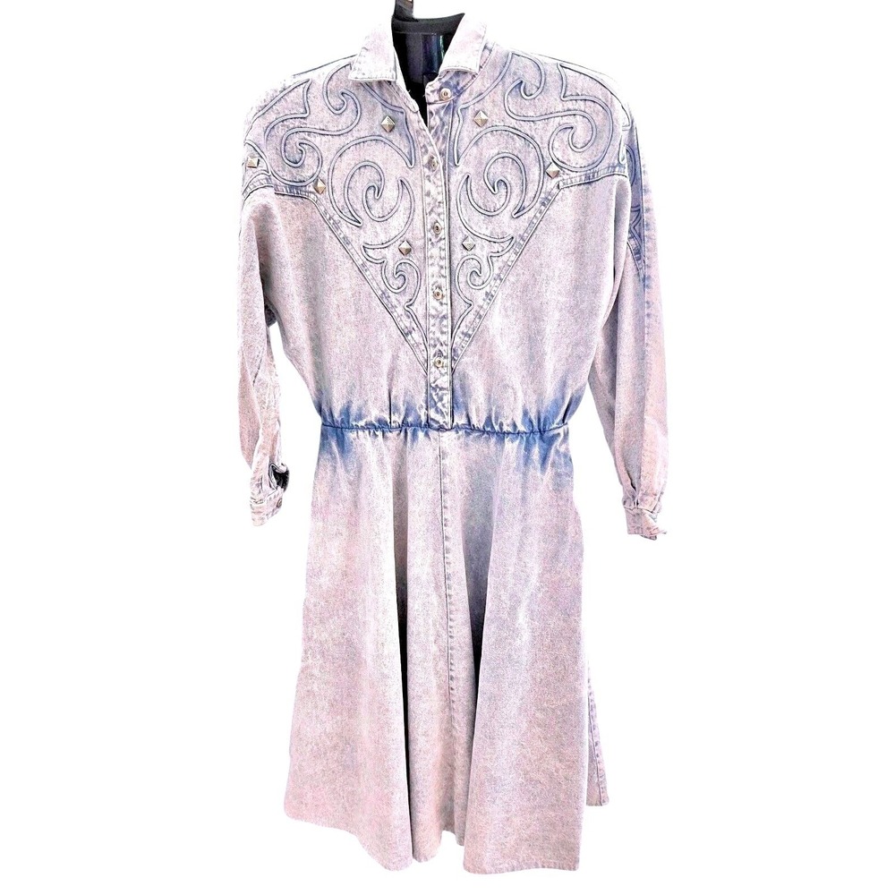 Vintage Circle T by‎ Marilyn Lenox Acid Wash Denim Western Dress Women's M 80s